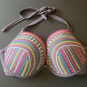 Shade & Shore 38DDD halter tie underwire gray hot pink stitched studded bikini